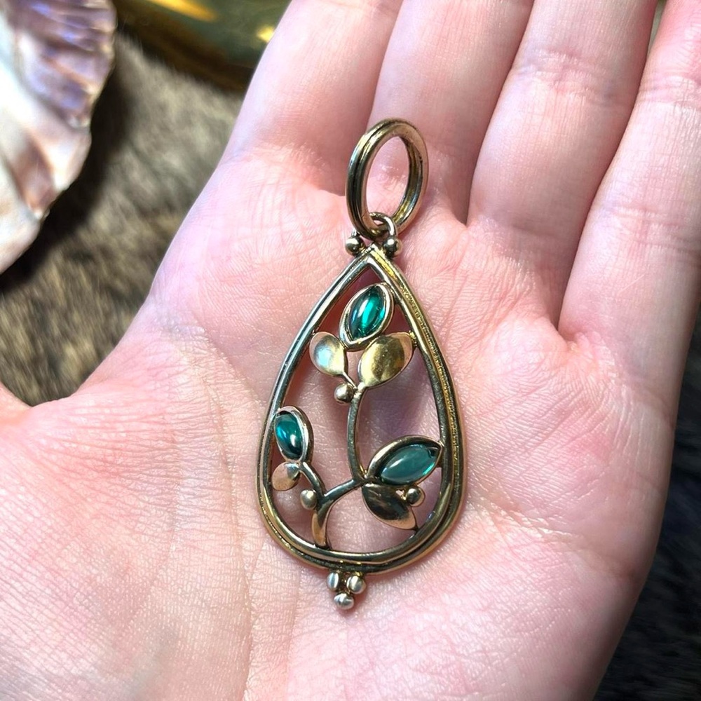 Sterling silver gold filled open work green glass plant pendant
